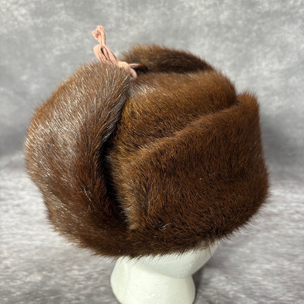 Vintage Genuine Mink Fur Ushanka Russian Trapper Hat Size 8 Brown Ear Flap Hat